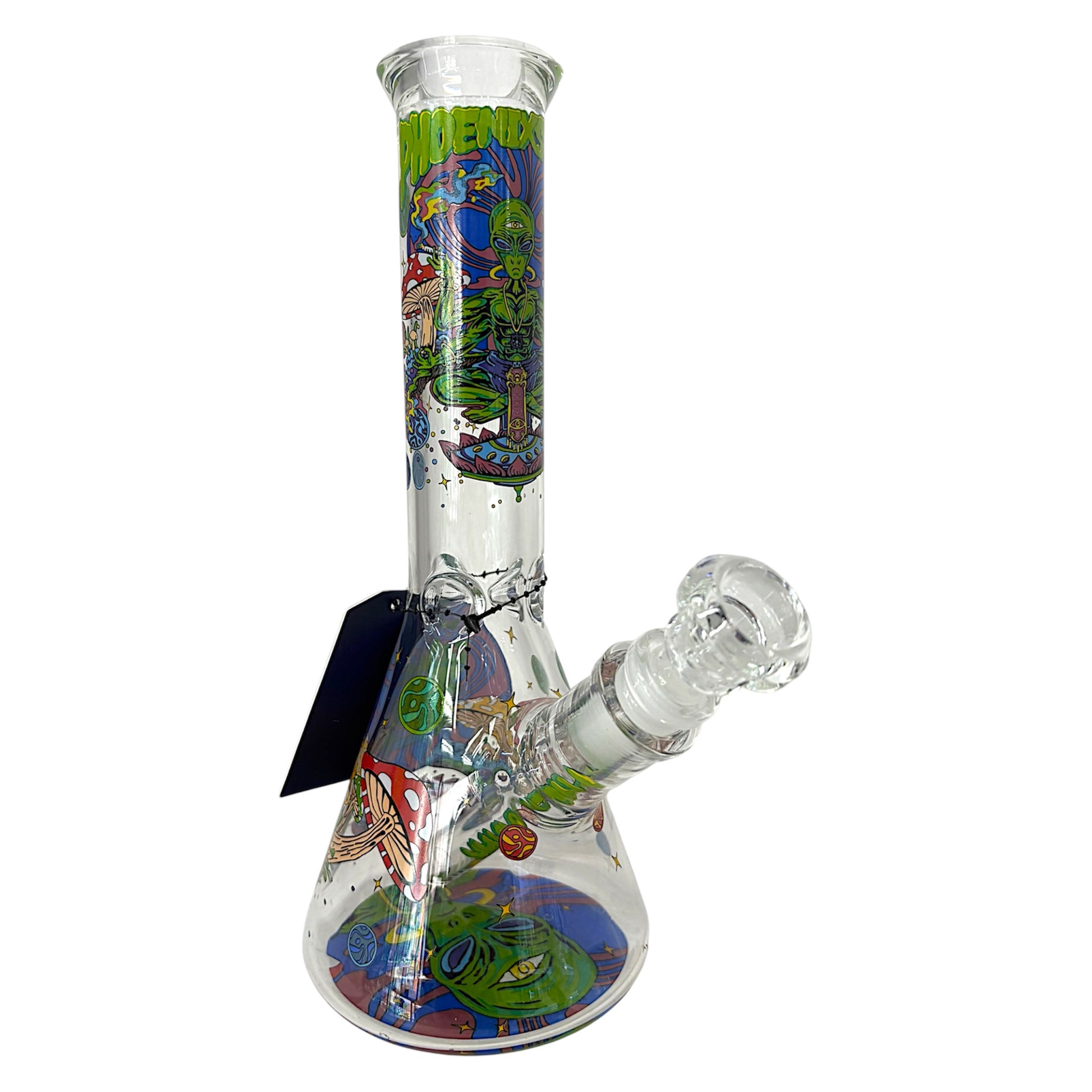 Angled view of Phoenix Star glass beaker bong featuring alien, mushroom, and planet graphics with clear glass bowl and downstem. - The Wee Smoke Shop