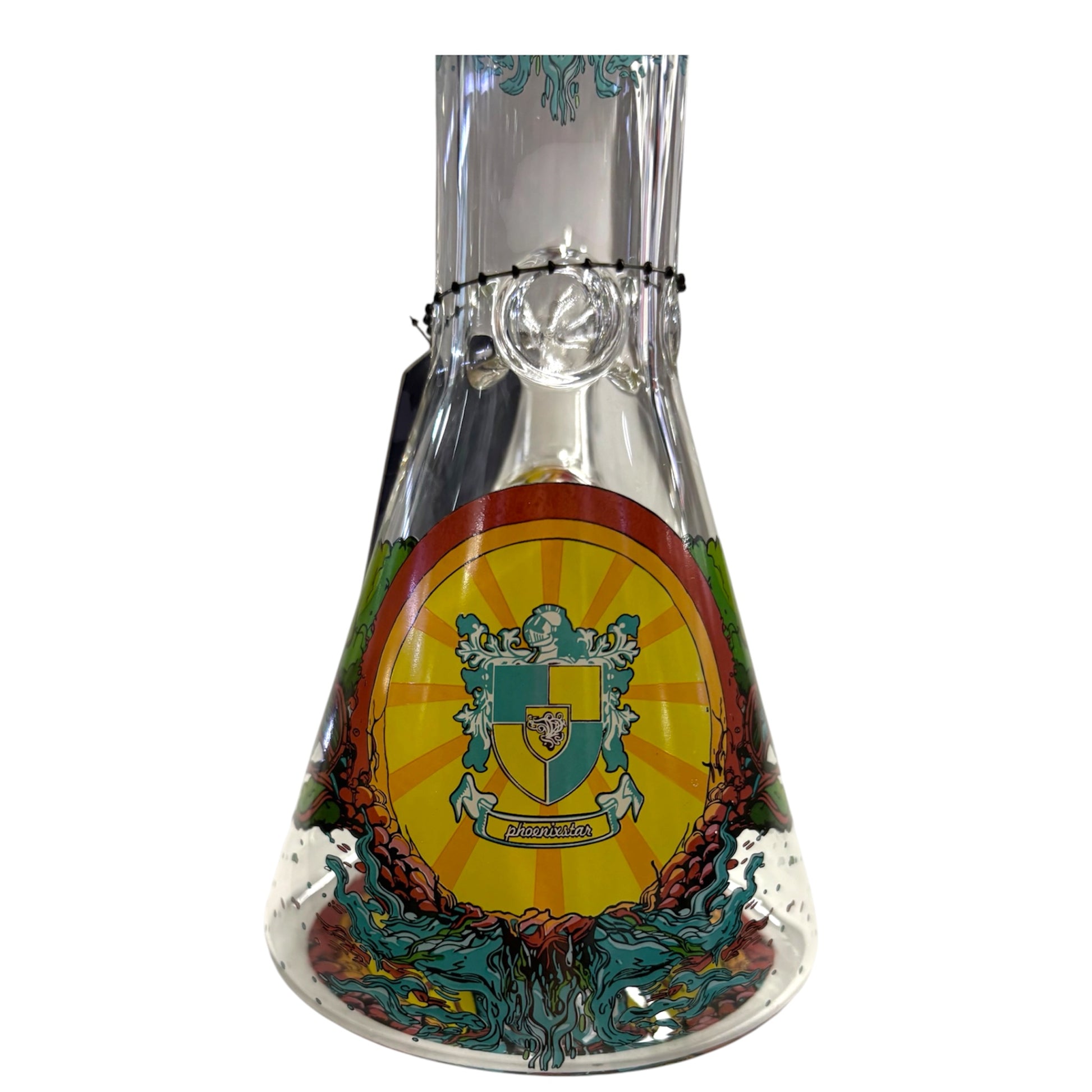 Close-up of Phoenix Star glass beaker bong base with colourful crest artwork, clear glass body, and decorative printed design. - The Wee Smoke Shop