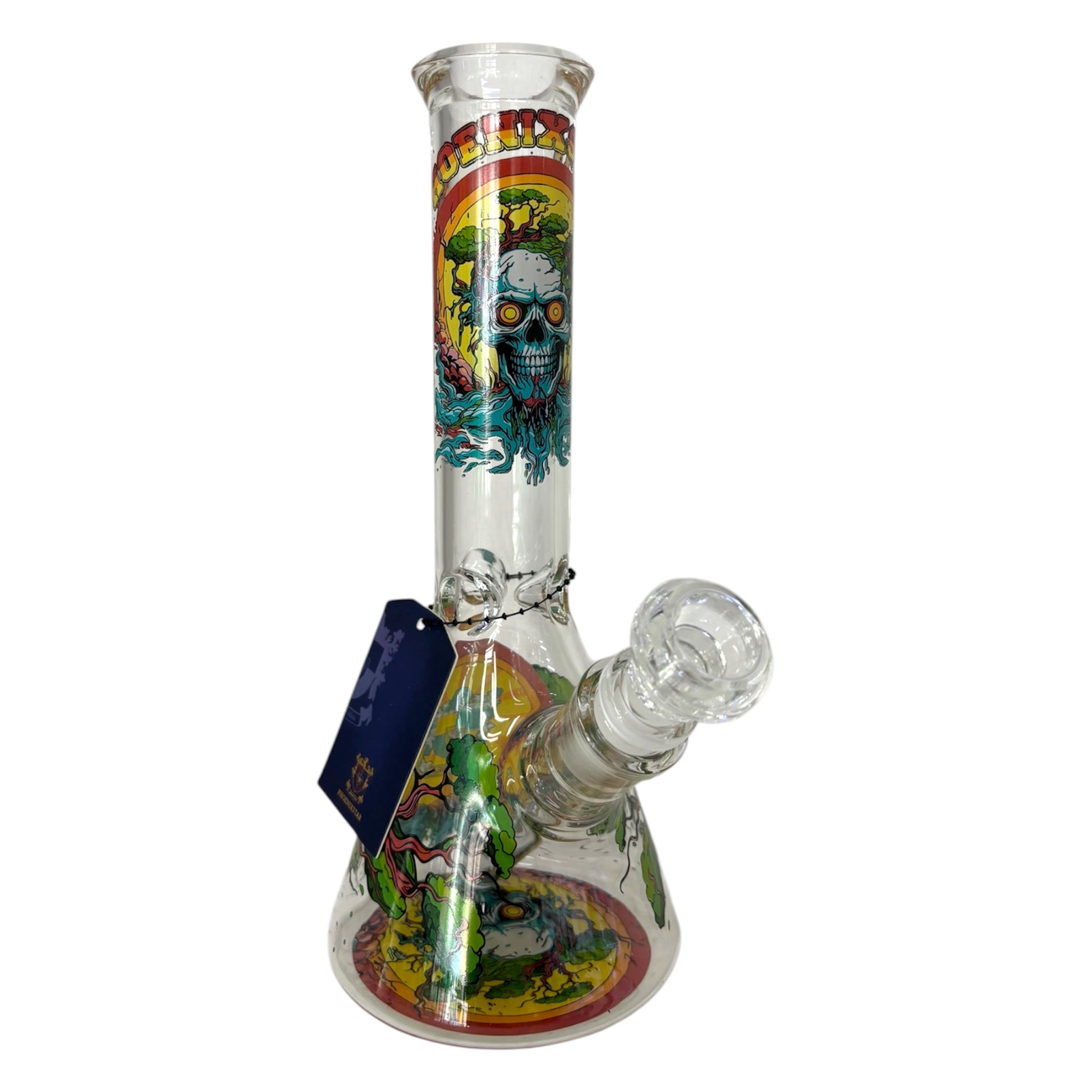 Full Phoenix Star glass beaker bong with skull artwork, clear beaker base, glass bowl, downstem, and attached product tag. - The Wee Smoke Shop