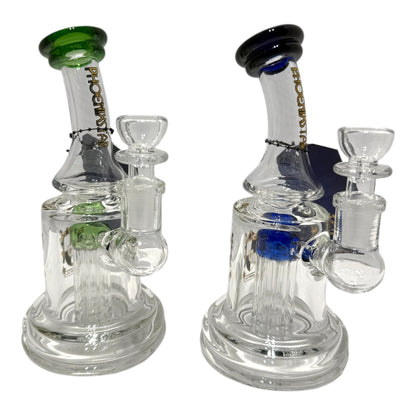 Two glass smoking rigs with different colored tops on a white background