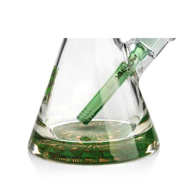 Glass bong with green label on a white background