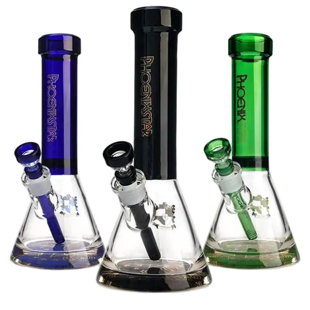 Three glass smoking bong with colored tops and 'Phoenix' branding on a white background.