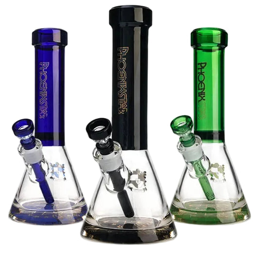 Three glass smoking bong with colored tops and 'Phoenix' branding on a white background.