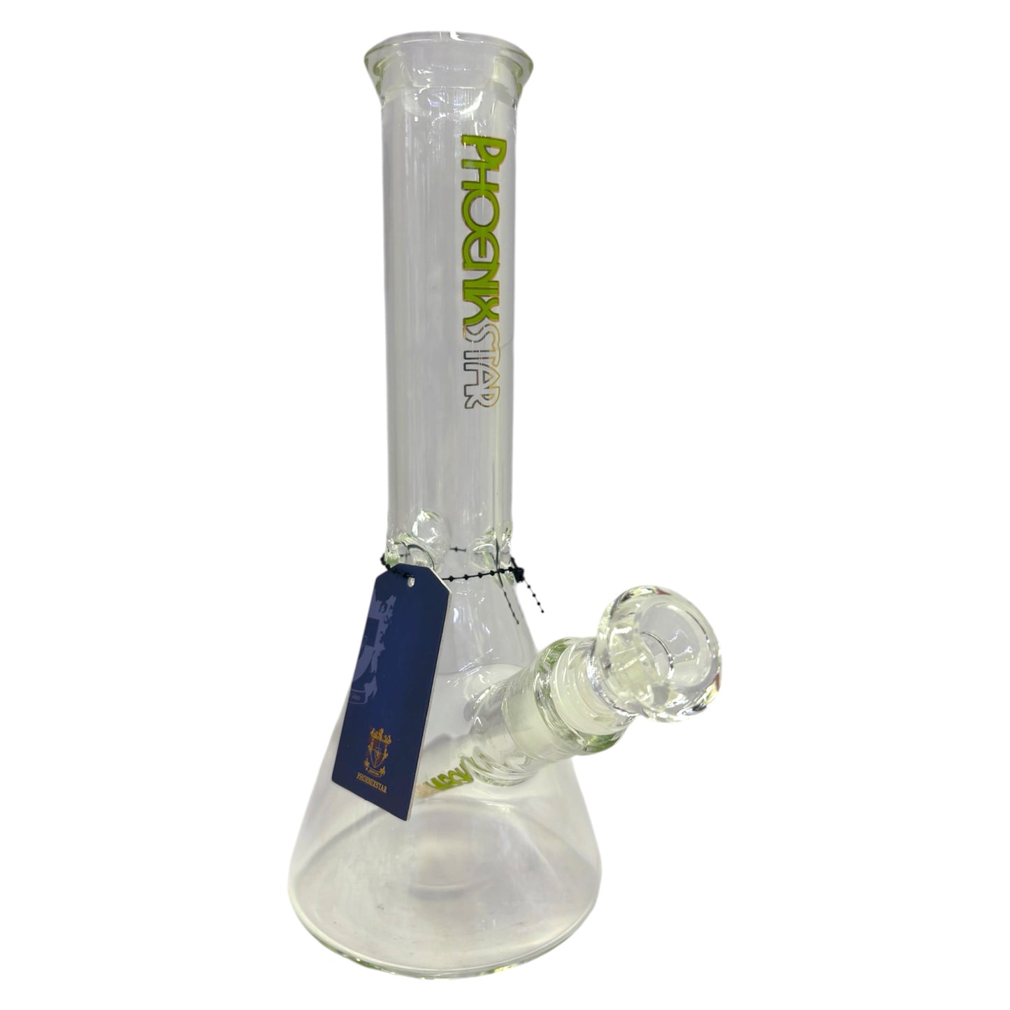 Phoenix Star clear glass beaker bong with green logo, water bong with angled downstem and removable bowl, smoking accessory - The Wee Smoke Shop