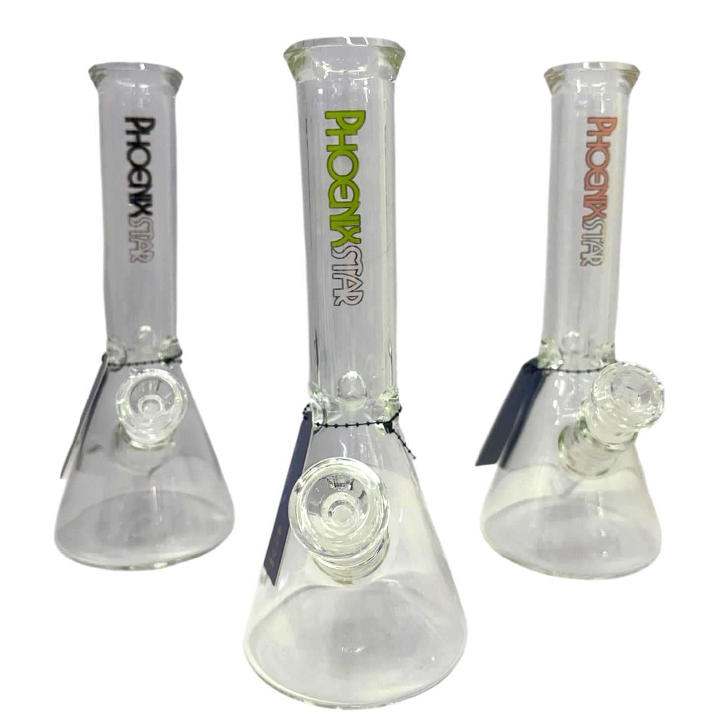 Phoenix Star clear glass beaker bongs with logo in black green and copper, water bongs with angled downstem and bowl piece, glass smoking accessories - The Wee Smoke Shop