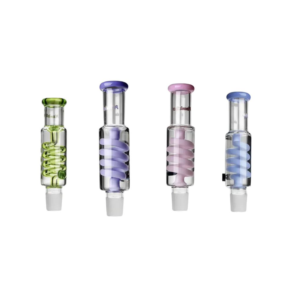 Four glass smoking freezable top pc with different color designs on a white background