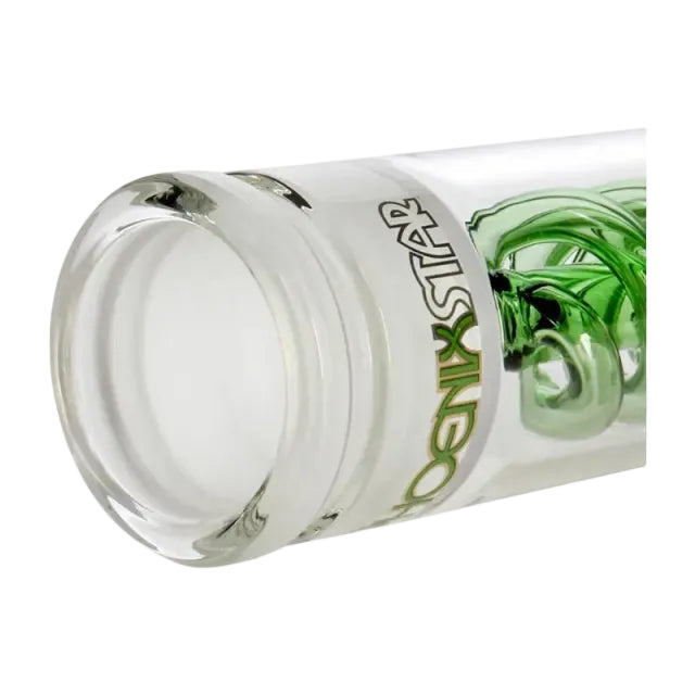 Glass smoking accessory with green interior and 'Phoenix' branding on a white background