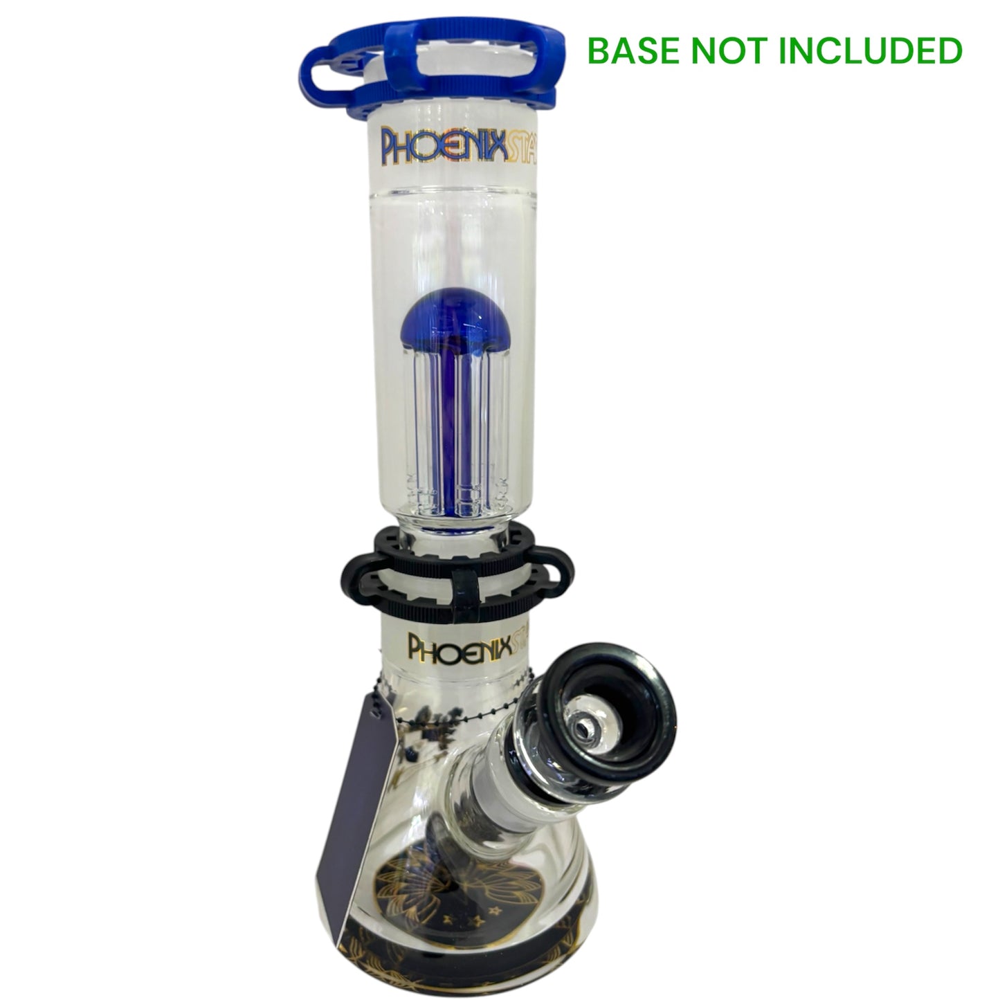 Clear glass smoking device with blue accents and 'Phoenix' branding on a white background. - The Wee Smoke Shop