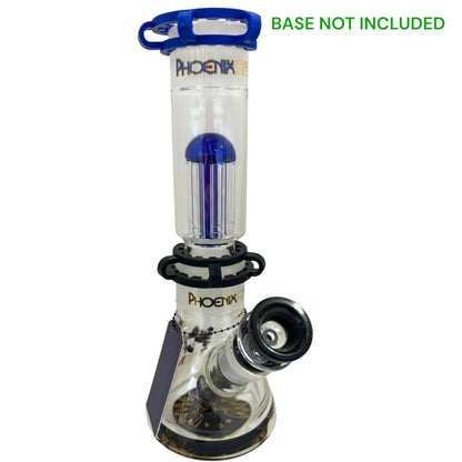 Clear glass smoking device with blue accents and 'Phoenix' branding on a white background. - The Wee Smoke Shop