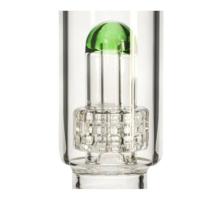 Clear glass smoking accessory with a green top on a white background