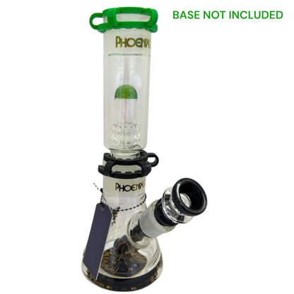 Clear glass smoking device with green accents and 'Phoenix' branding on a white background.