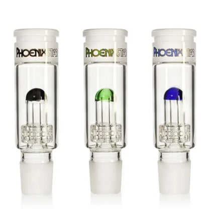 Three glass smoking build a bong pc with colored tops on a white background