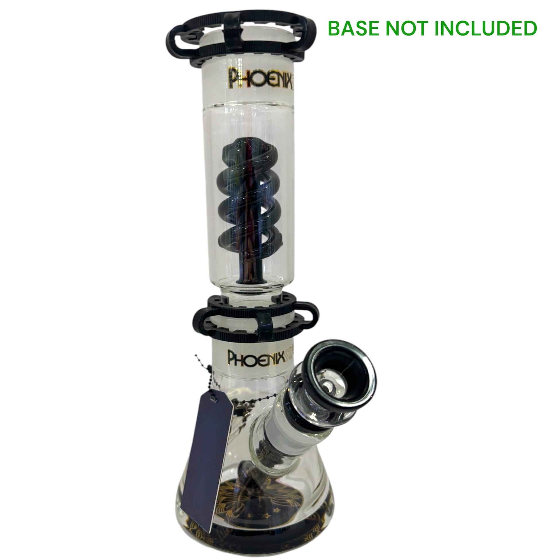 Clear glass smoking device with black accents and 'Phoenix' branding on a white background. - The Wee Smoke Shop