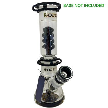 Clear glass smoking device with black accents and 'Phoenix' branding on a white background. - The Wee Smoke Shop