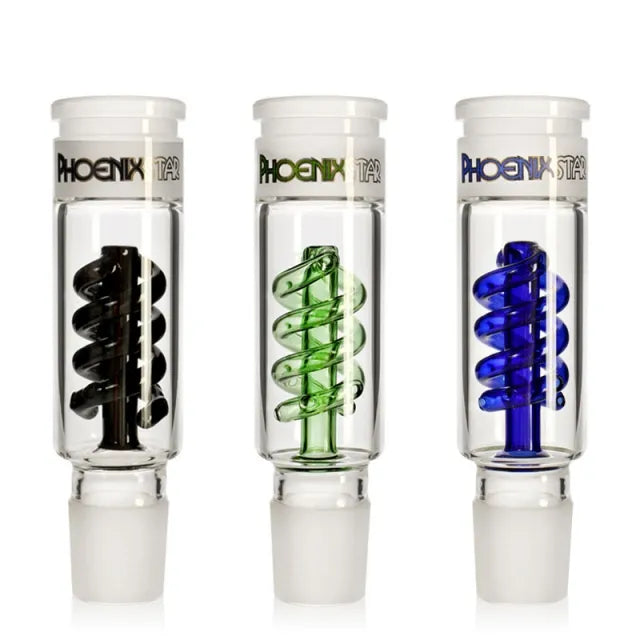 Three glass smoking accessories with spiral perc and 'Phoenix' branding on a white background.