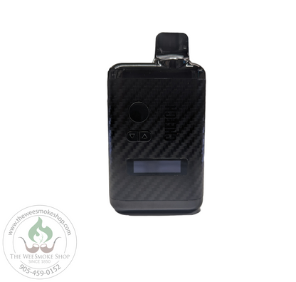The Cheech Diplord Vaporizer in Black carbon fiber, it features an lcd screen, dedicated temperature control buttons, and a power button.  The carbon fiber color scheme features a tightly woven carbon fiber pattern.