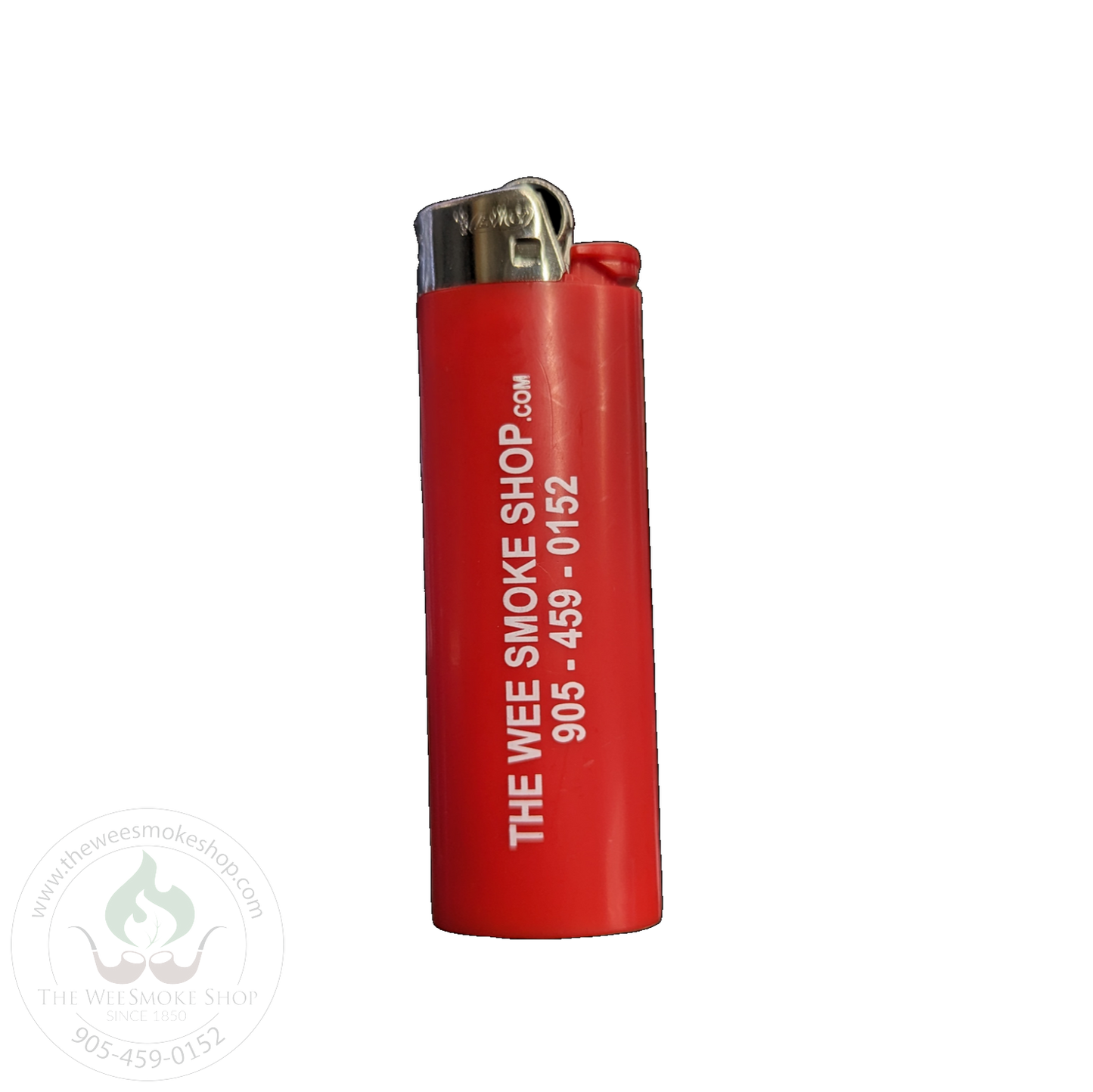 Red Bic Lighter with company name and number - Wee Smoke Shop