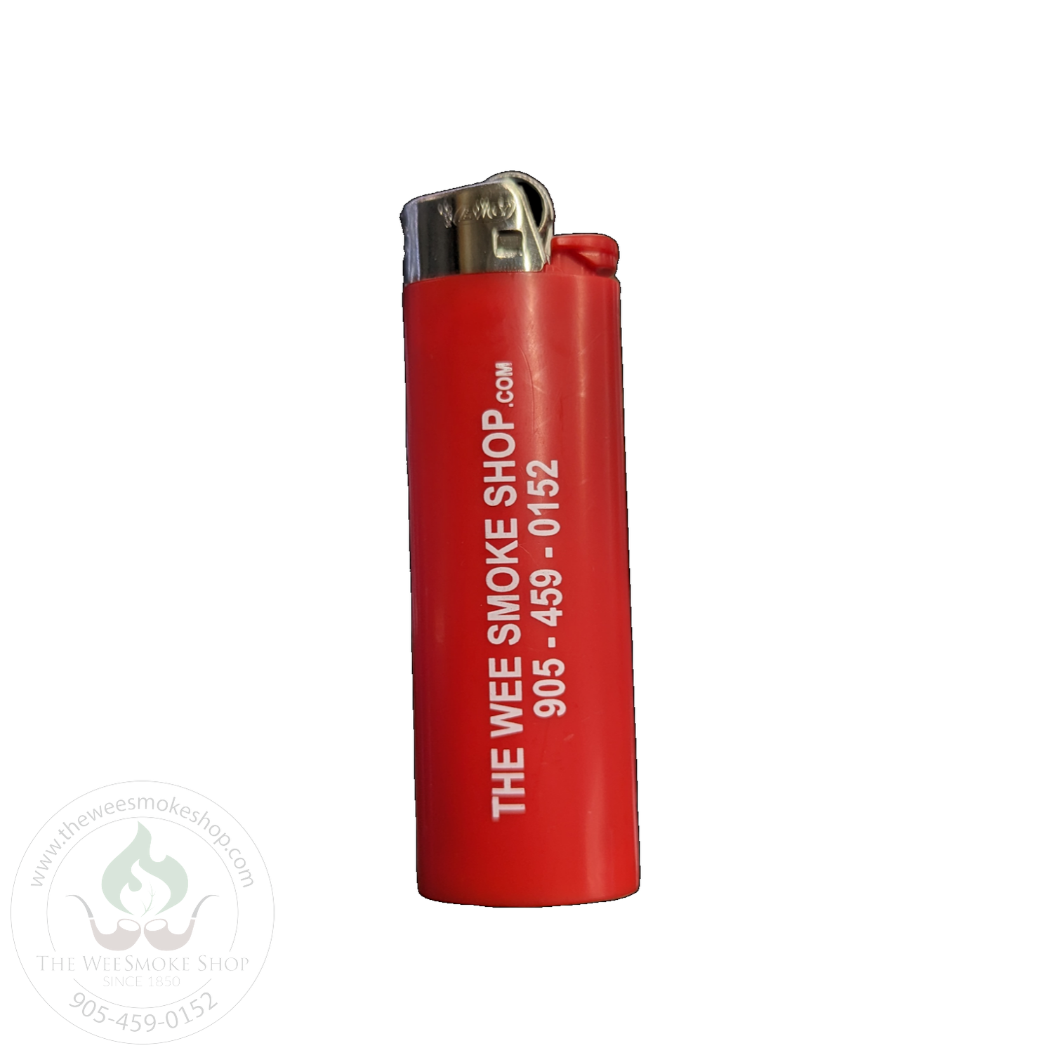 Red Bic Lighter with company name and number - Wee Smoke Shop