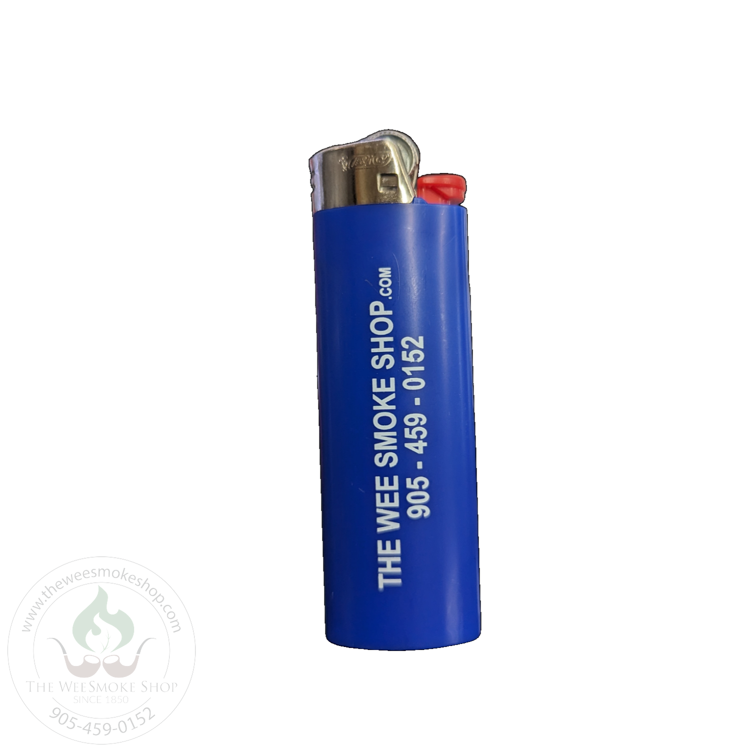 Blue Bic Lighter with company name and number - Wee Smoke Shop