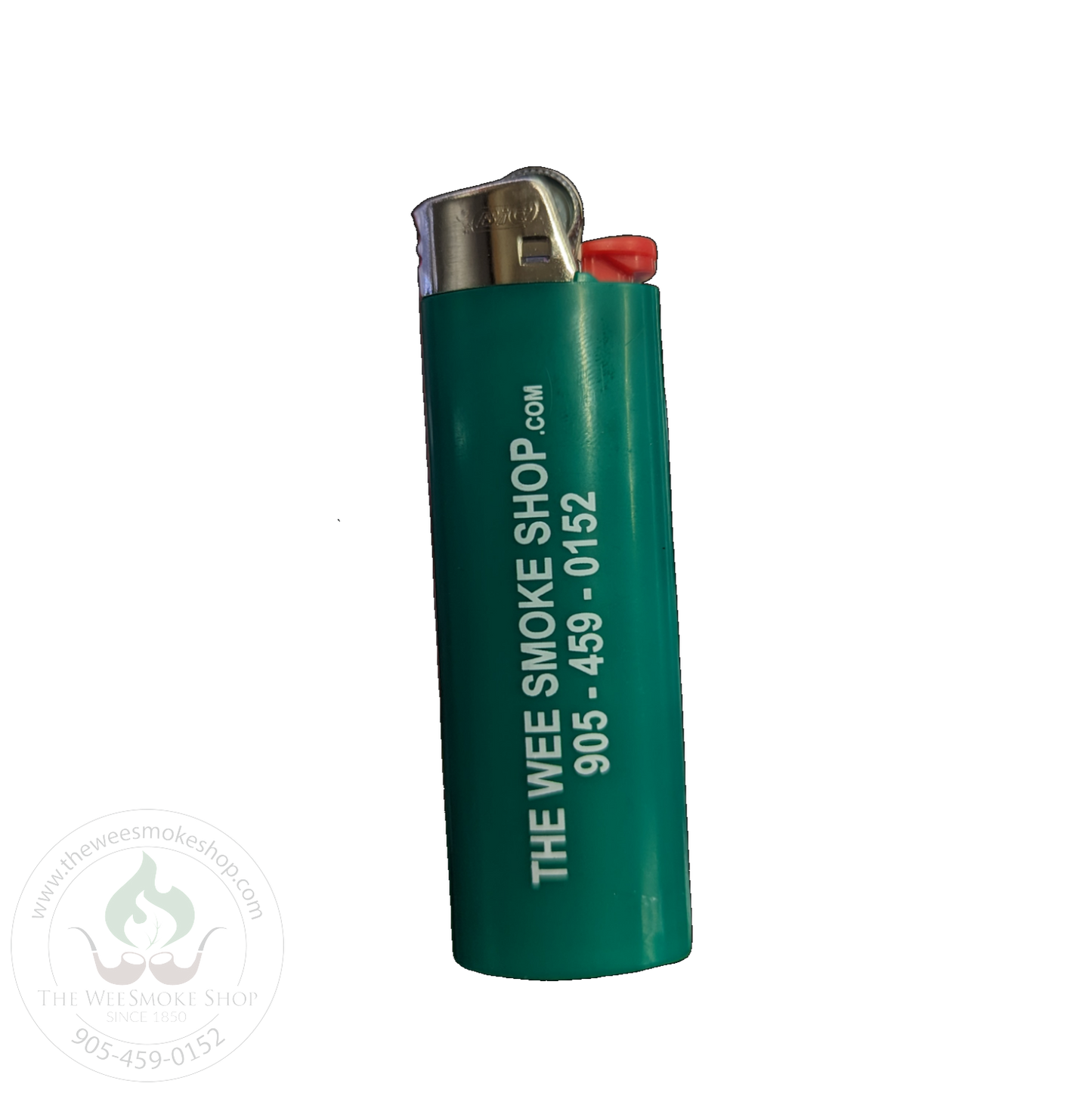 Green Bic Lighter with company name and number - Wee Smoke Shop