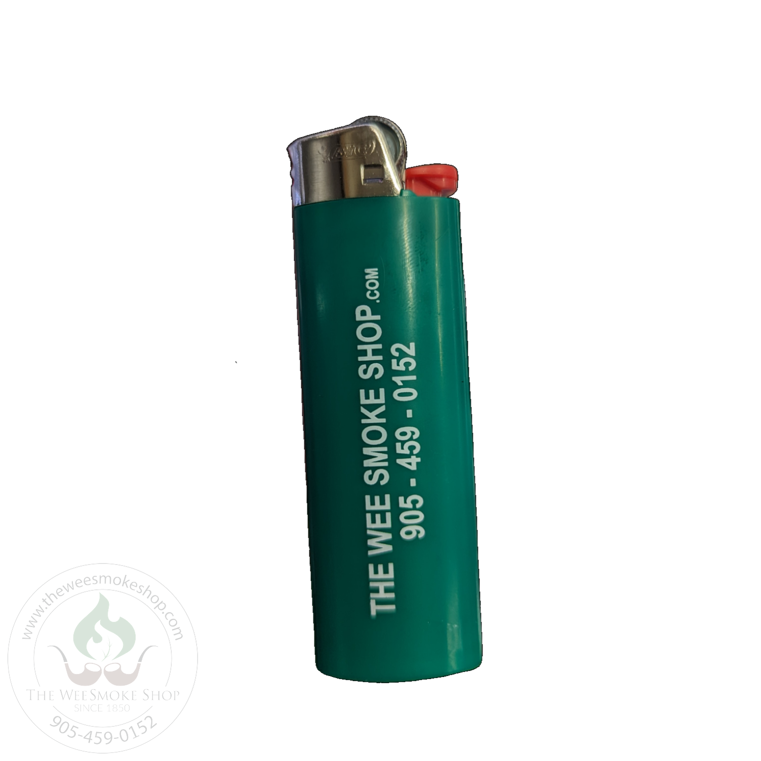 Green Bic Lighter with company name and number - Wee Smoke Shop