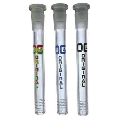 Three OG Clear Downstems with different colored text indicating various colour options, against a white background. - The Wee Smoke Shop