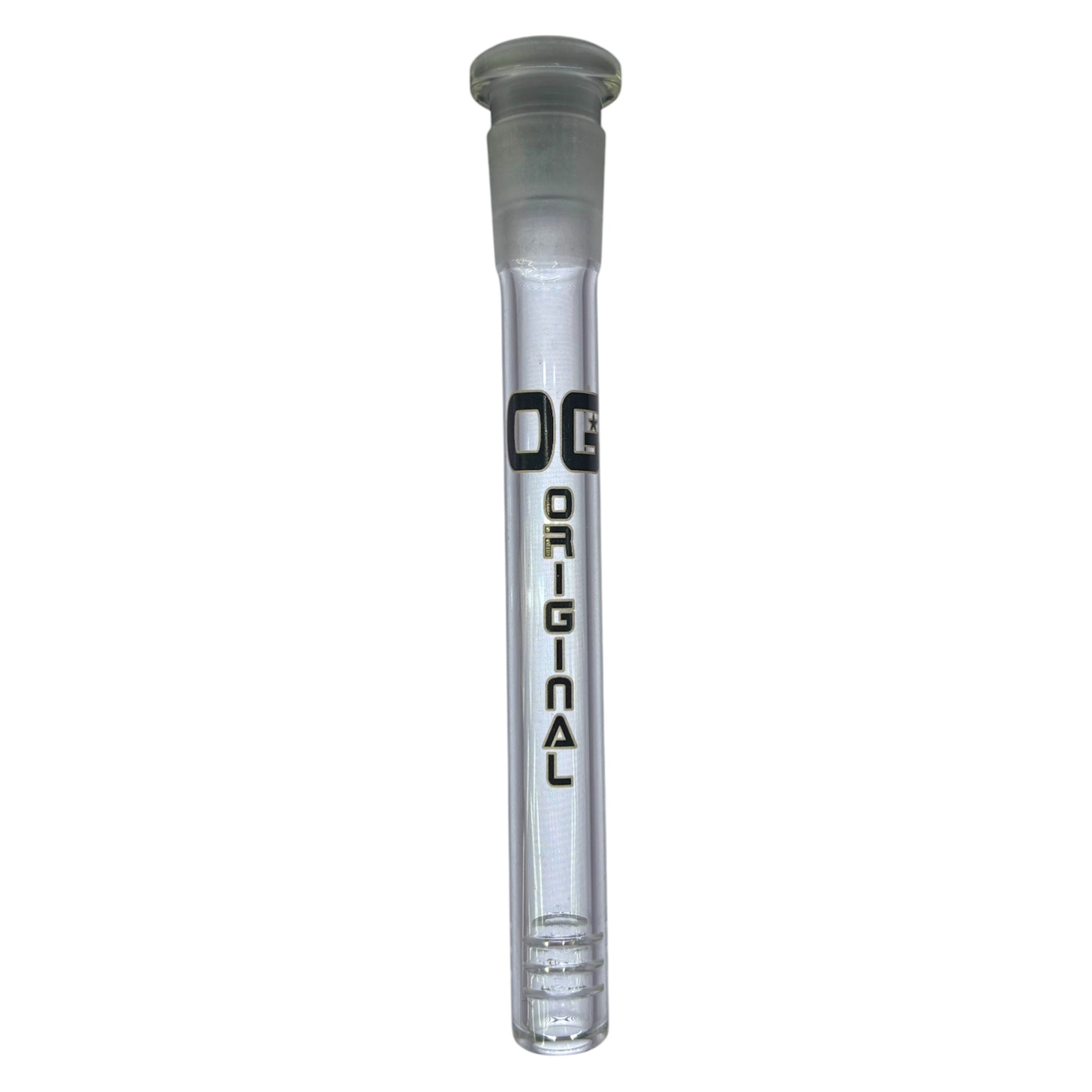 One OG Clear Downstem with a black label on a white background. - The Wee Smoke Shop