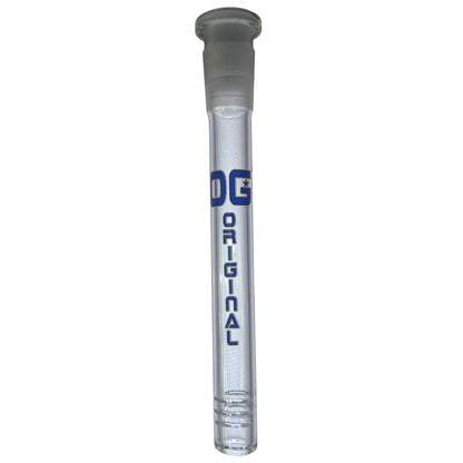 One OG Clear Downstem with a blue label on a white background. - The Wee Smoke Shop