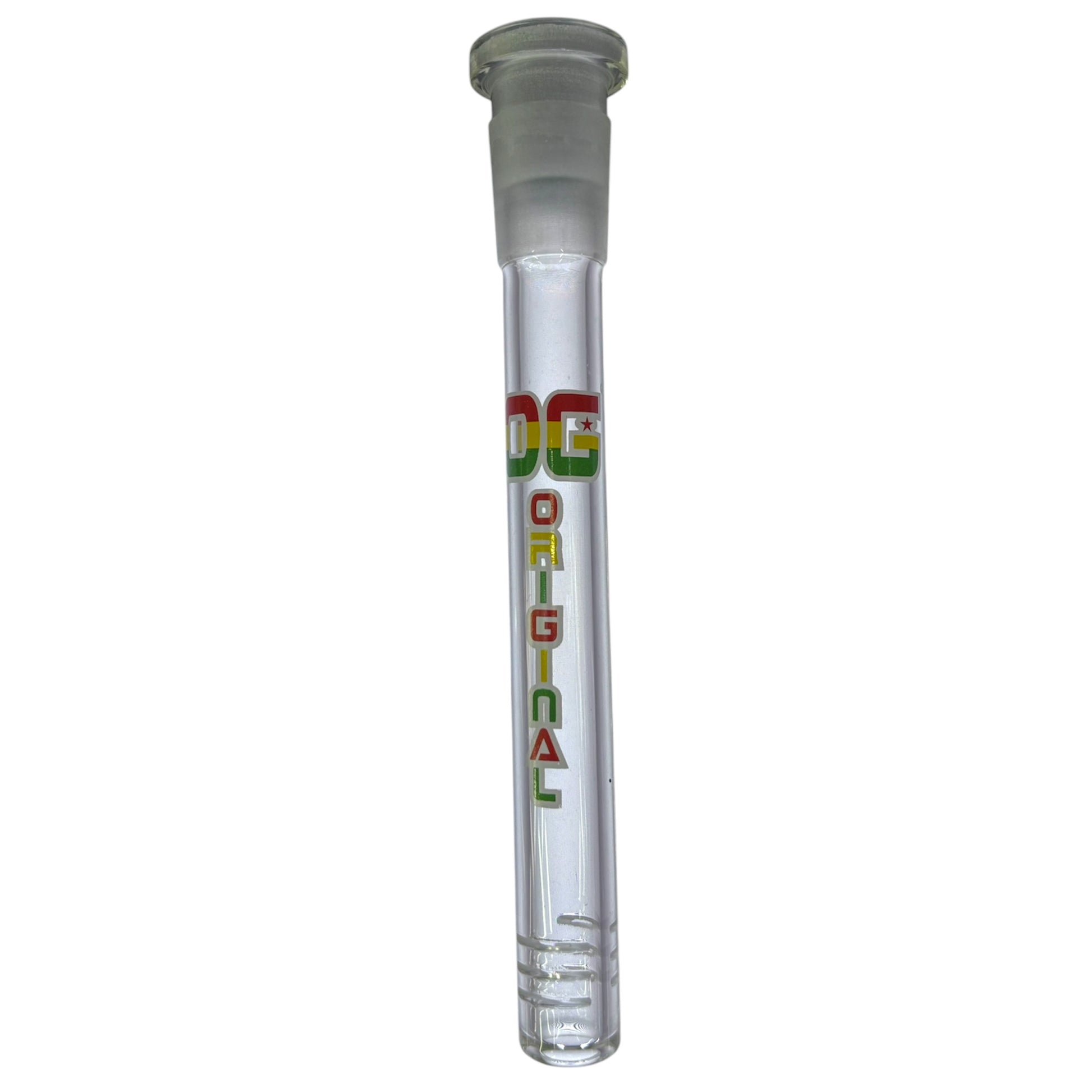 One OG Clear Downstem with a rasta label on a white background. - The Wee Smoke Shop
