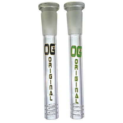 Two OG Clear Downstems, one with black 'OG' logo and the other with a green 'OG' logo, against a white background. - The Wee Smoke Shop