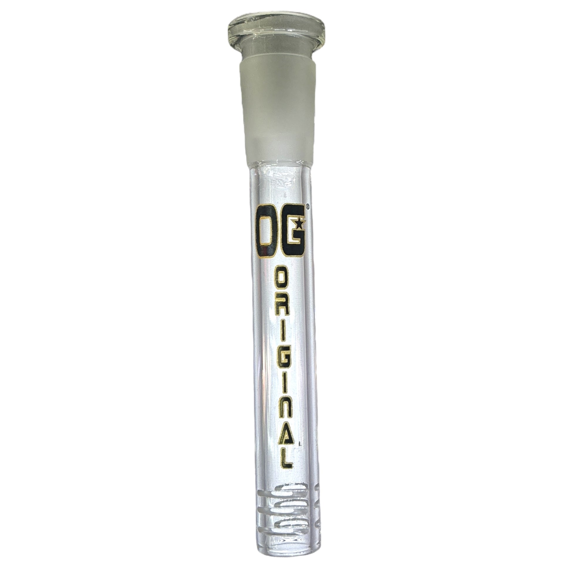 One OG Clear Downstem with black 'OG' logo, against a white background. - The Wee Smoke Shop