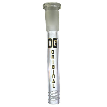 One OG Clear Downstem with black 'OG' logo, against a white background. - The Wee Smoke Shop