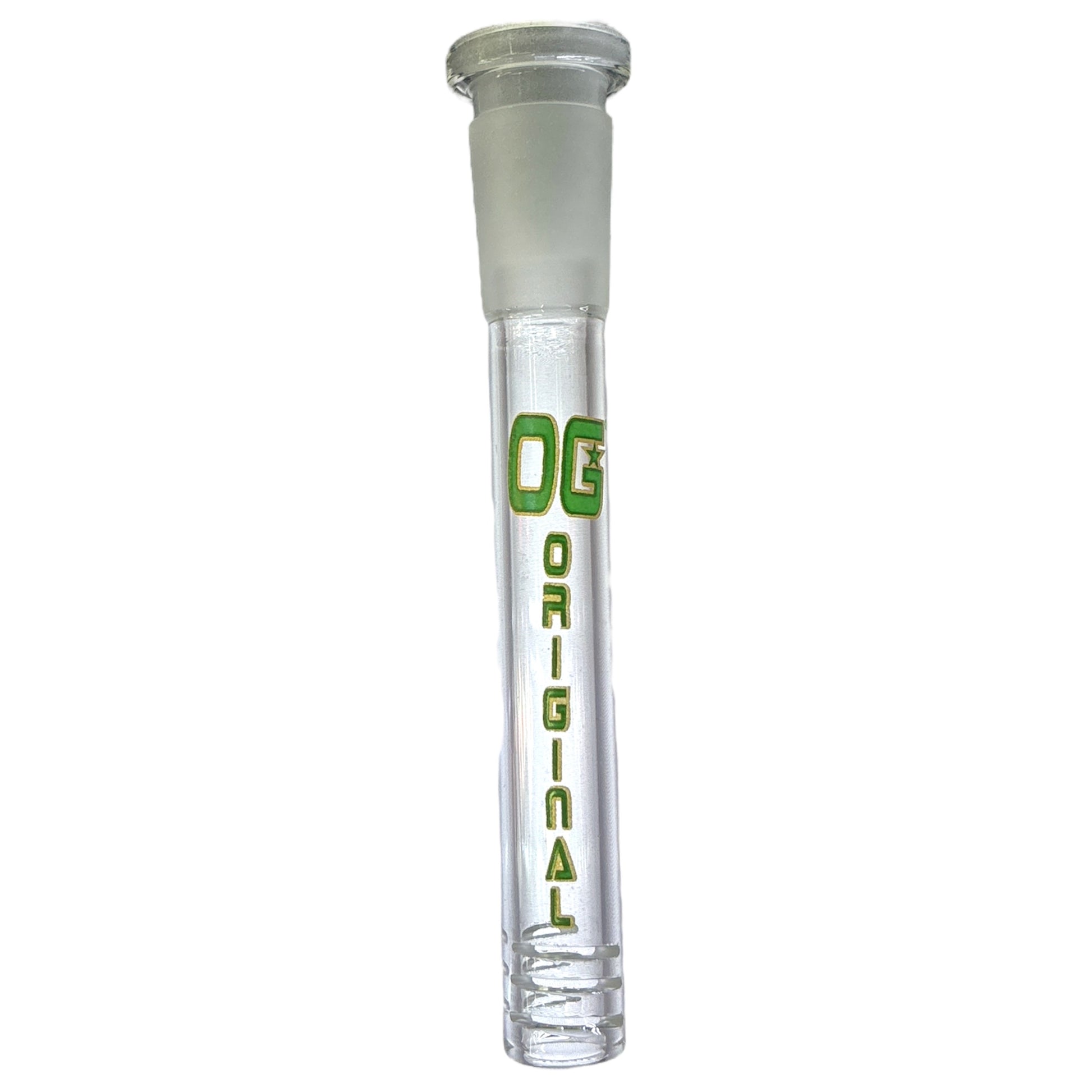 One OG Clear Downstem with green 'OG' logo, against a white background. - The Wee Smoke Shop