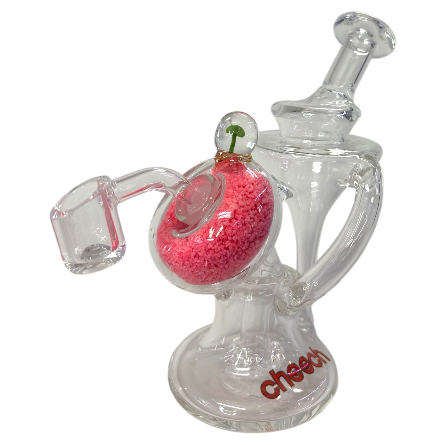 Clear glass smoking accessory with pink material and 'cheech' branding on a white background