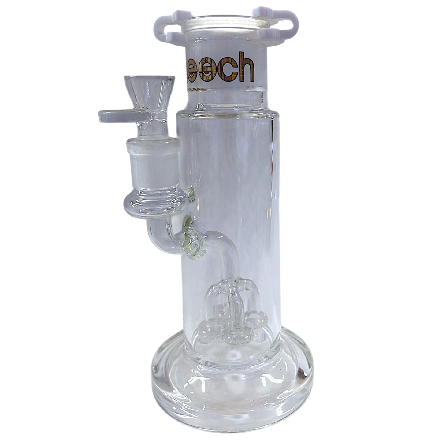 Clear glass water pipe with a brand logo on a white background