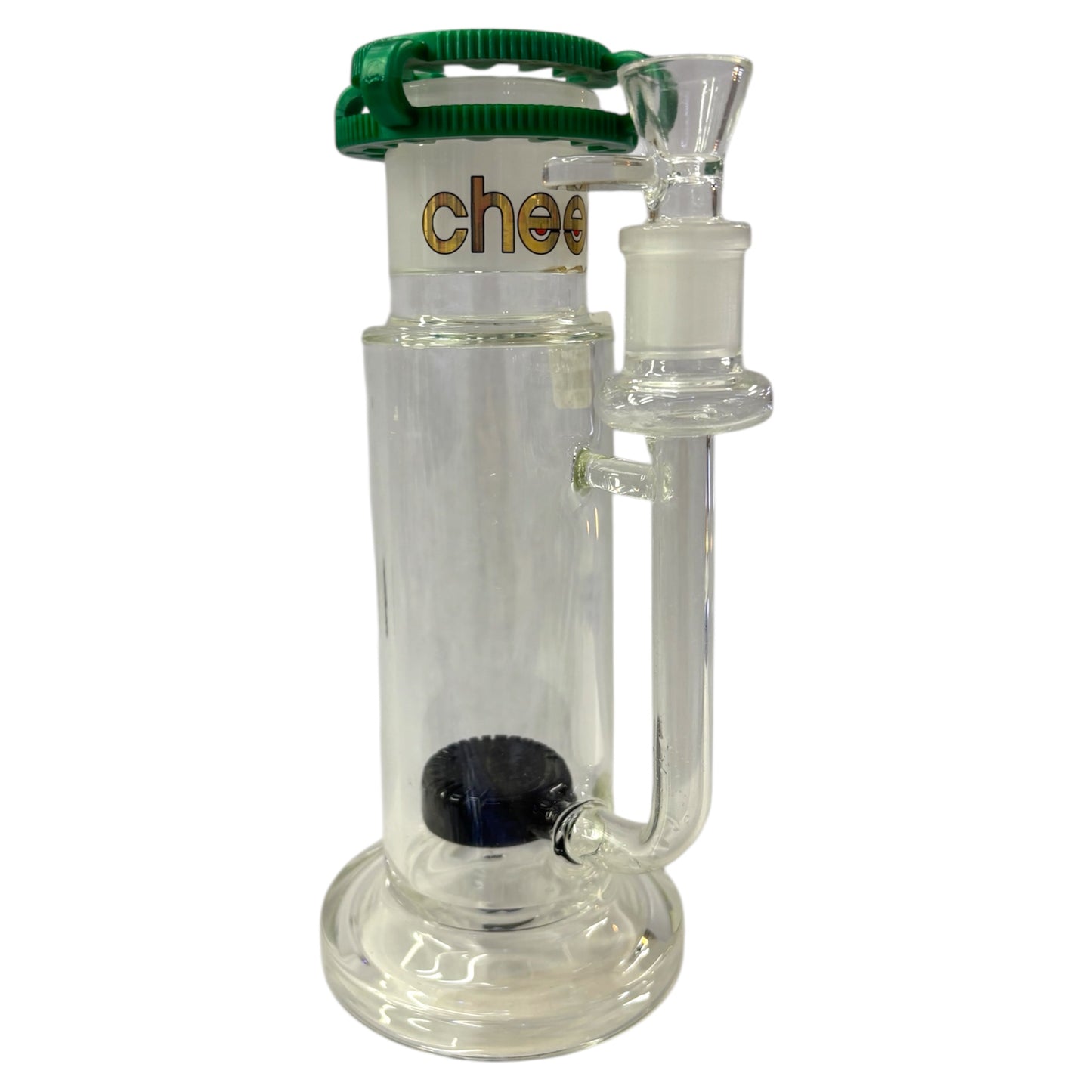 Clear glass water pipe with green handle and 'cheech' branding on a white background