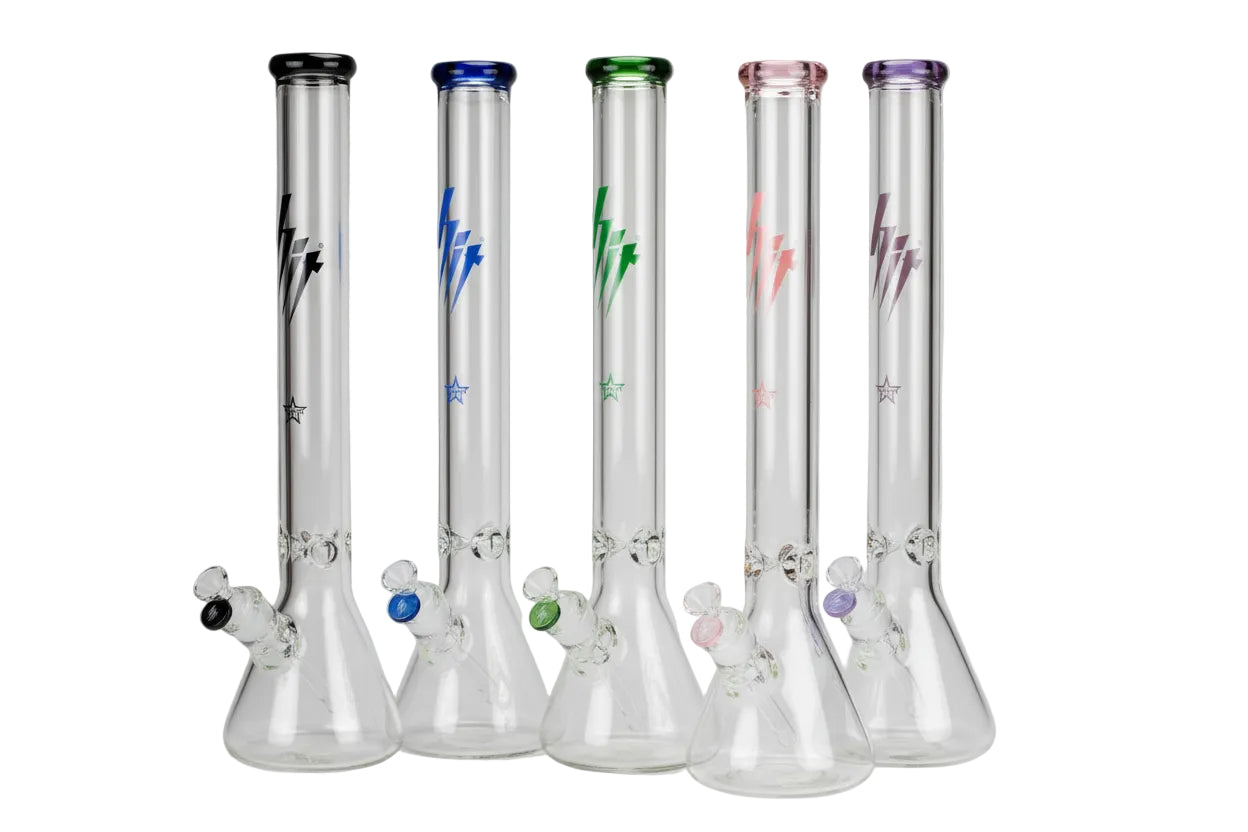 Five glass beaker bongs with colorful designs on a white background