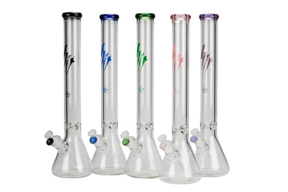 Five glass beaker bongs with colorful designs on a white background
