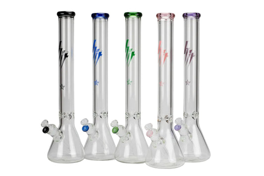 Five glass beaker bongs with colorful designs on a white background
