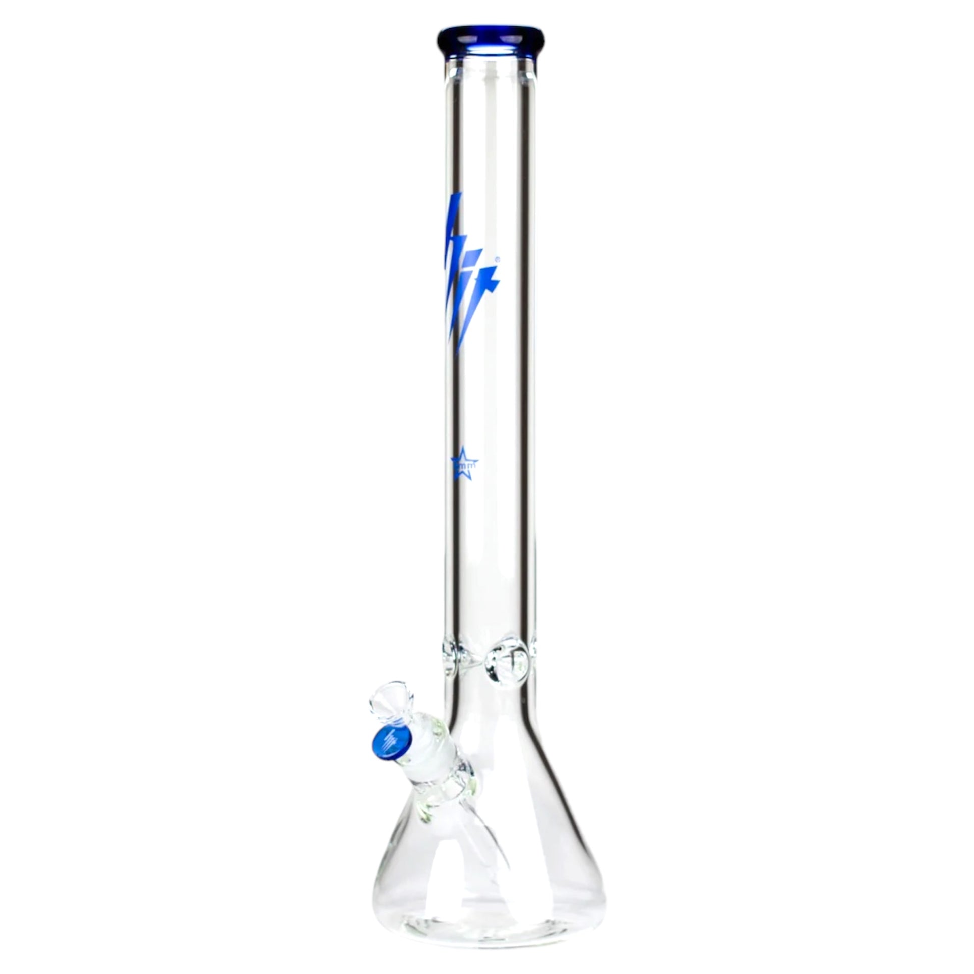 Clear glass bong with blue accents on a white background