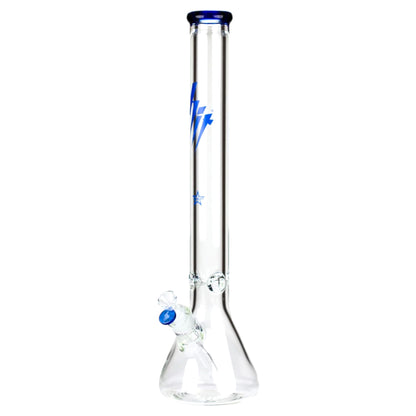 Clear glass bong with blue accents on a white background
