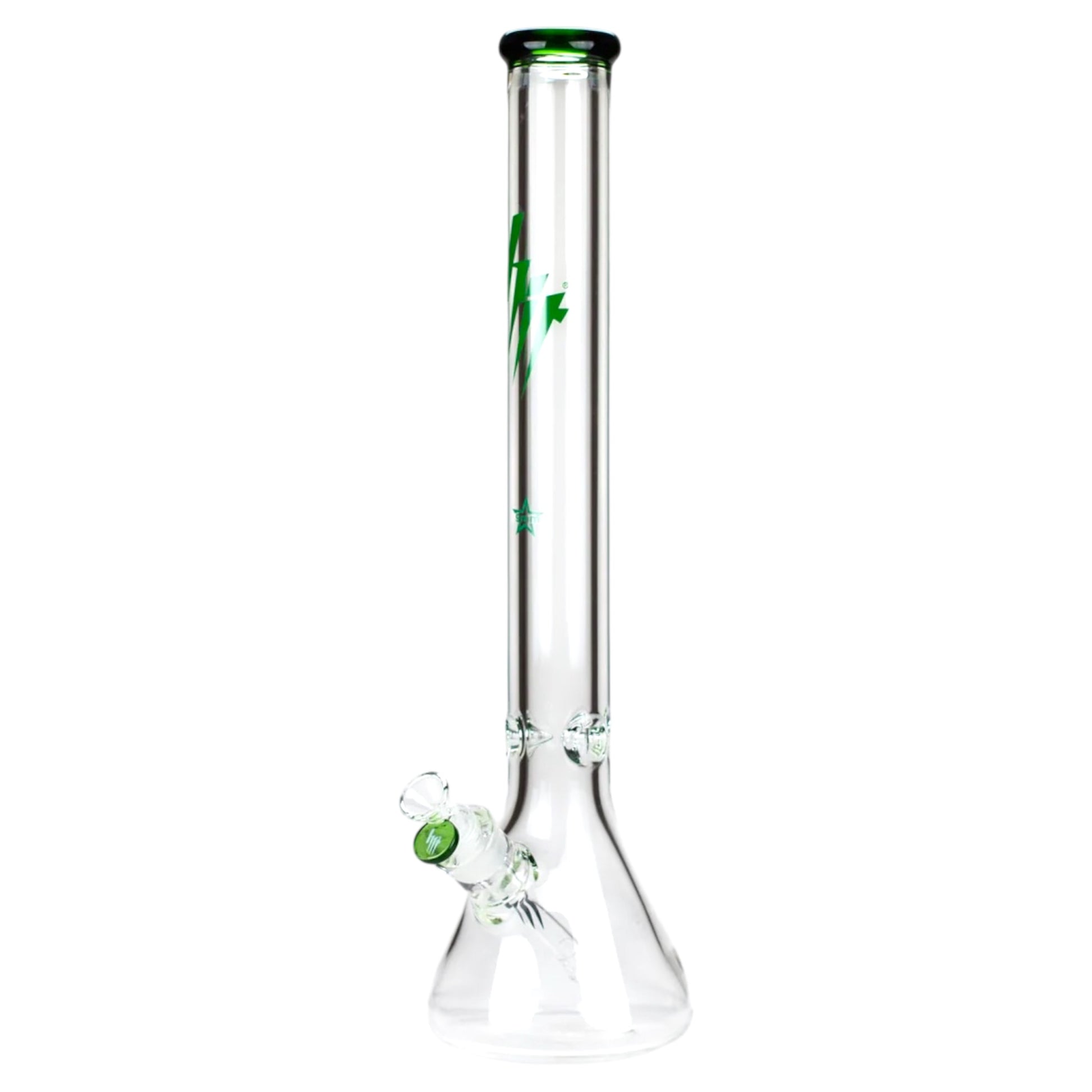 Clear glass smoking device with green accents on a white background