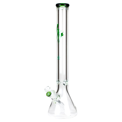 Clear glass smoking device with green accents on a white background