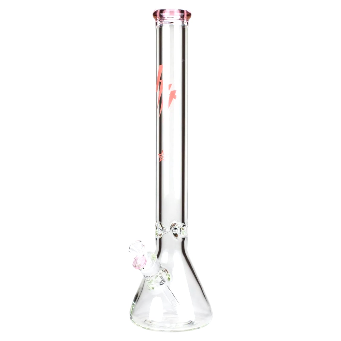 Clear glass water pipe with pink accents on a white background