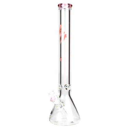 Clear glass water pipe with pink accents on a white background