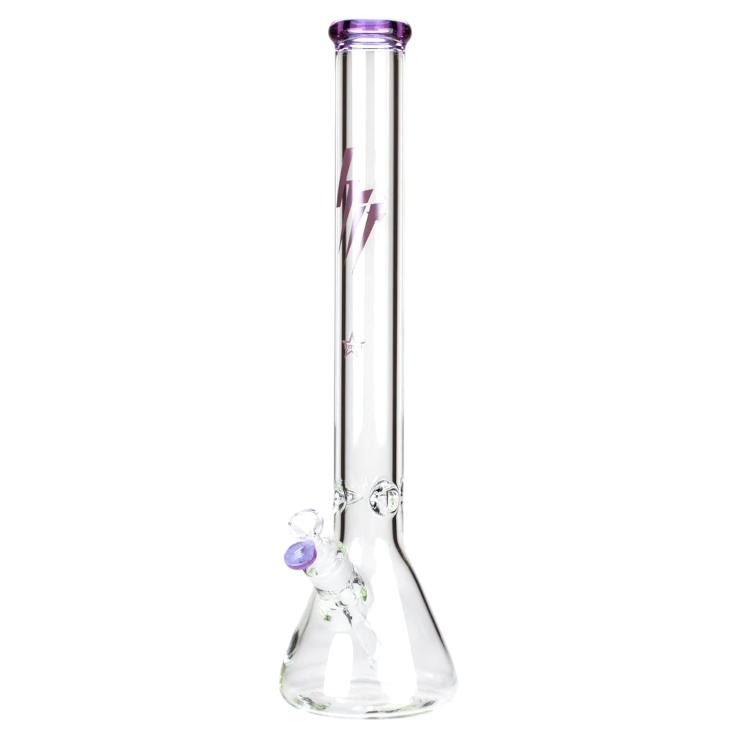 Clear glass smoking device with purple accents on a white background