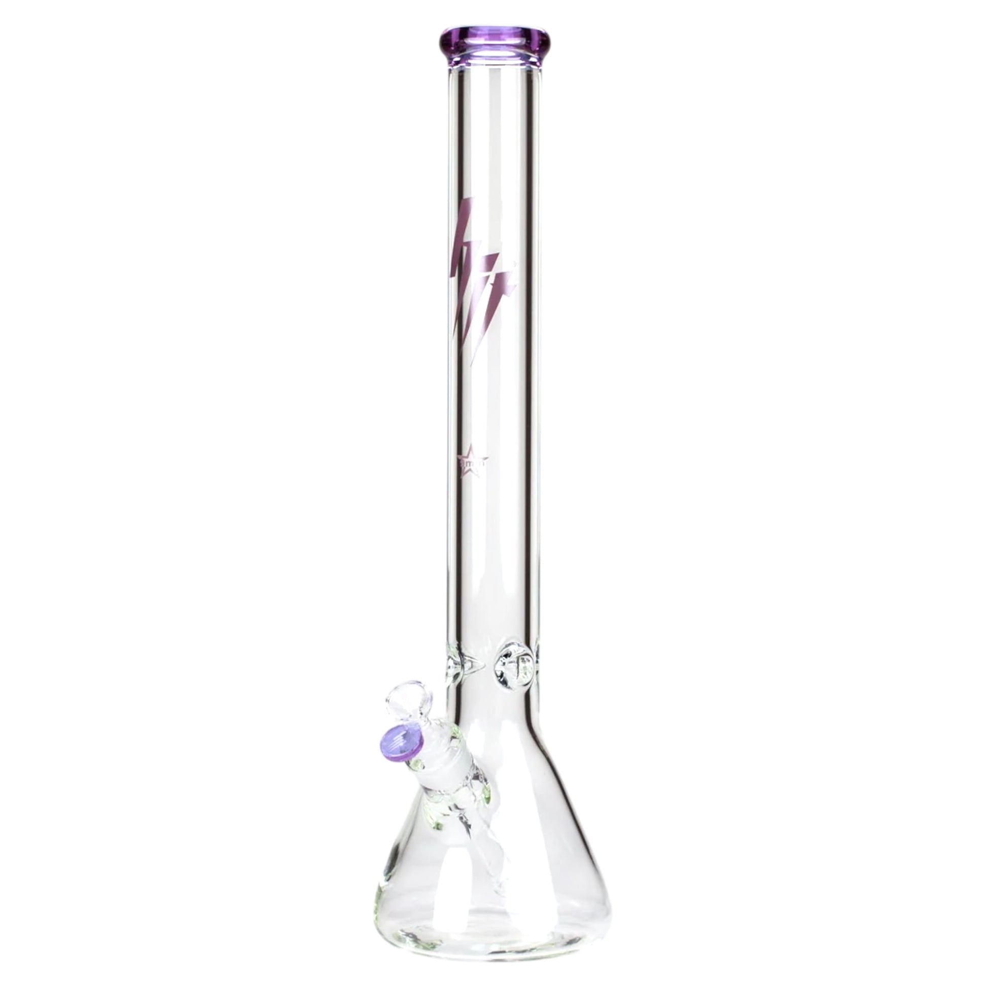 Clear glass smoking device with purple accents on a white background