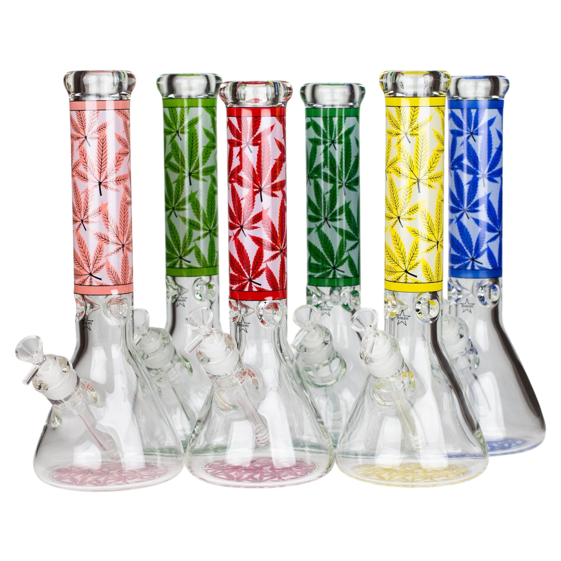 Set of six glass bongs with colorful top pieces on a white background