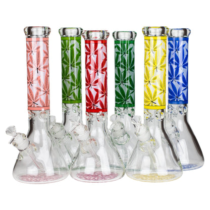 Set of six glass bongs with colorful top pieces on a white background