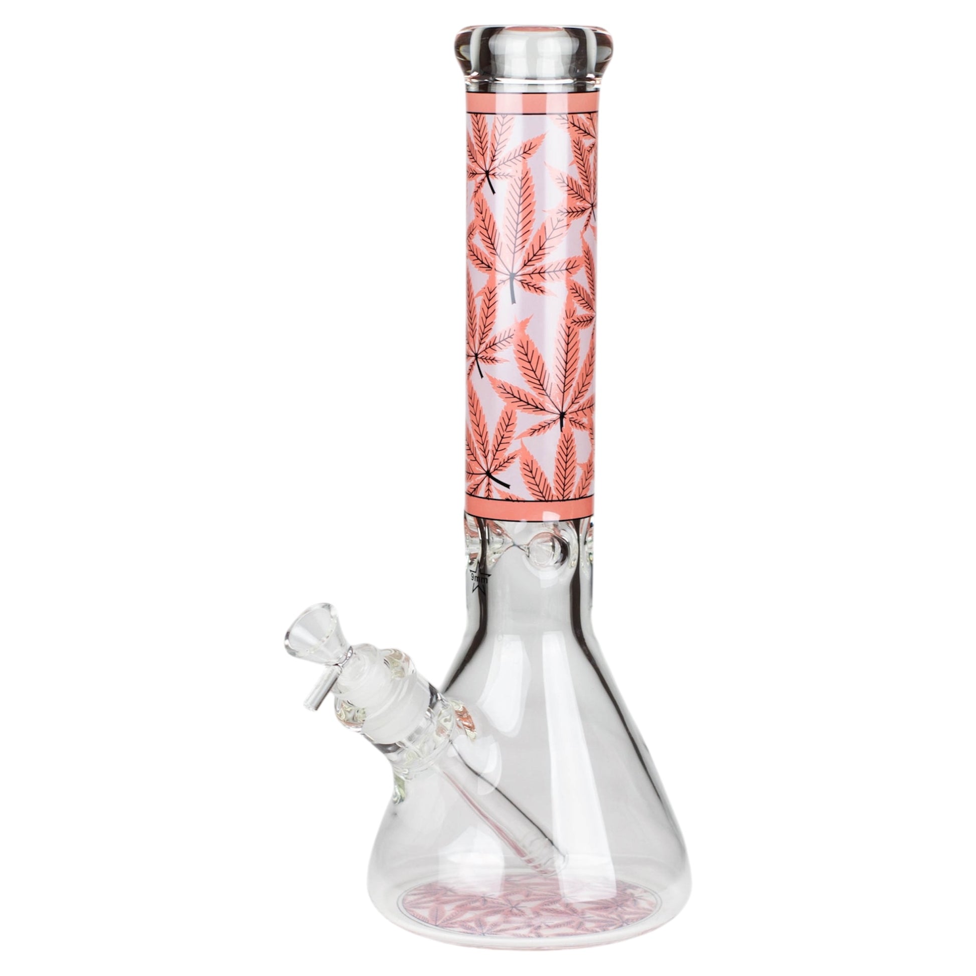 Glass smoking device with pink leaf pattern on a white background